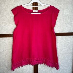 Terri Millennio Fuchsia Hot Pink Linen Lace Trim Tunic Top Blouse Medium